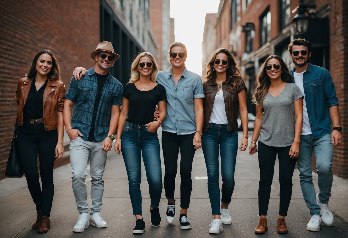 A group of people wearing casual and comfortable clothing, such as jeans, t-shirts, and sneakers, while exploring Nashville's vibrant music scene and enjoying outdoor activities
