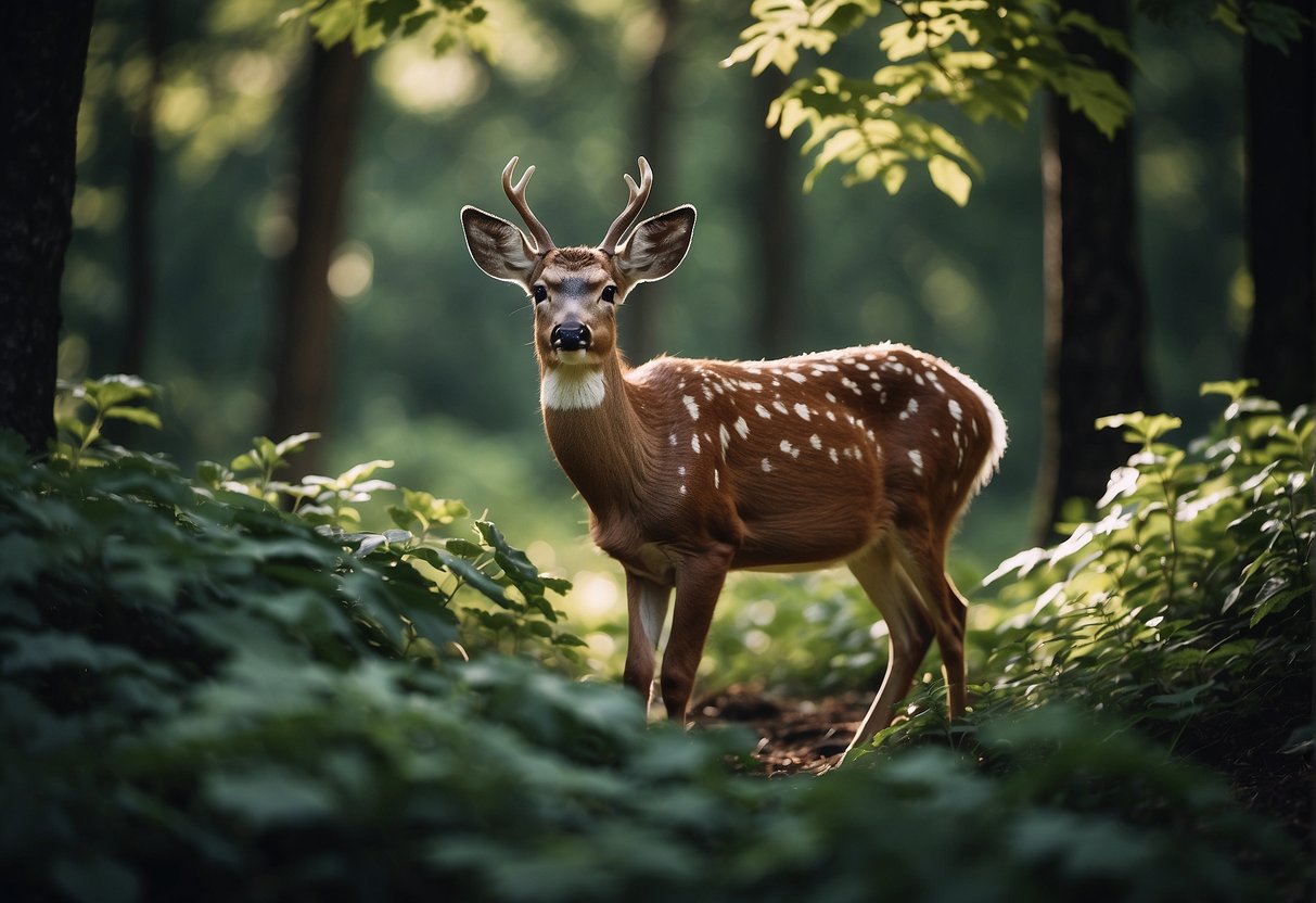 A deer nibbles on fig leaves in a lush forest clearing