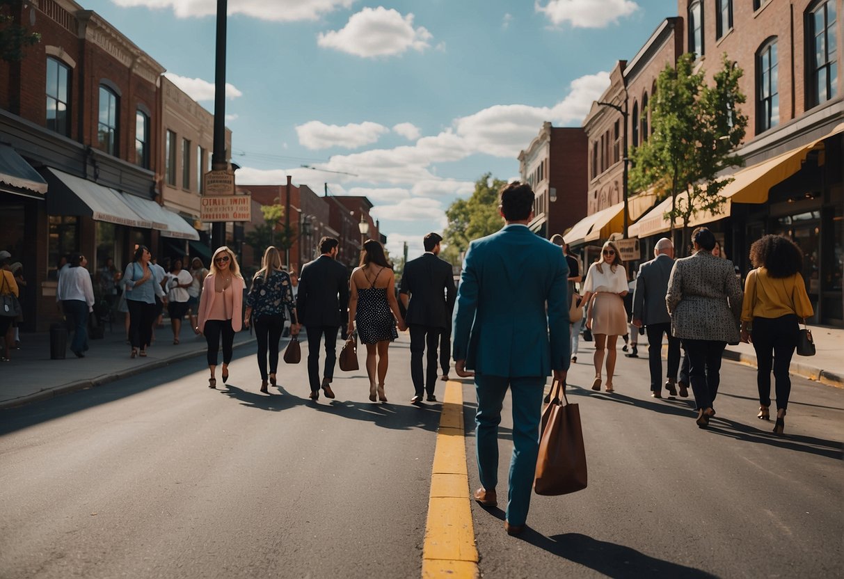 A bustling Nashville street with stylishly dressed people, showcasing a mix of trendy menswear and womenswear. The scene exudes a vibrant and fashion-forward atmosphere