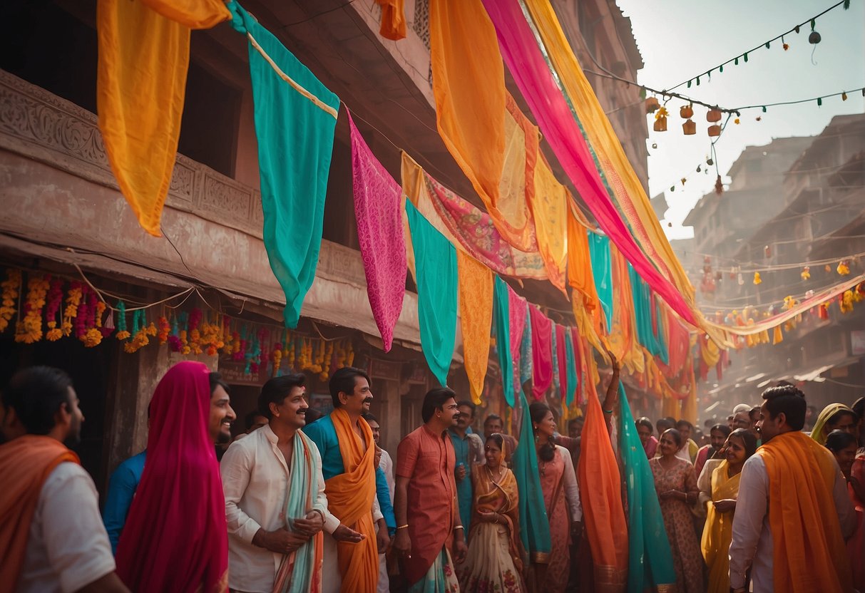 Vibrant Leheriya fabric draped over buildings, with colorful banners and floral decorations adorning the streets. Joyful music fills the air as people gather to celebrate Teej and Gangaur festivals