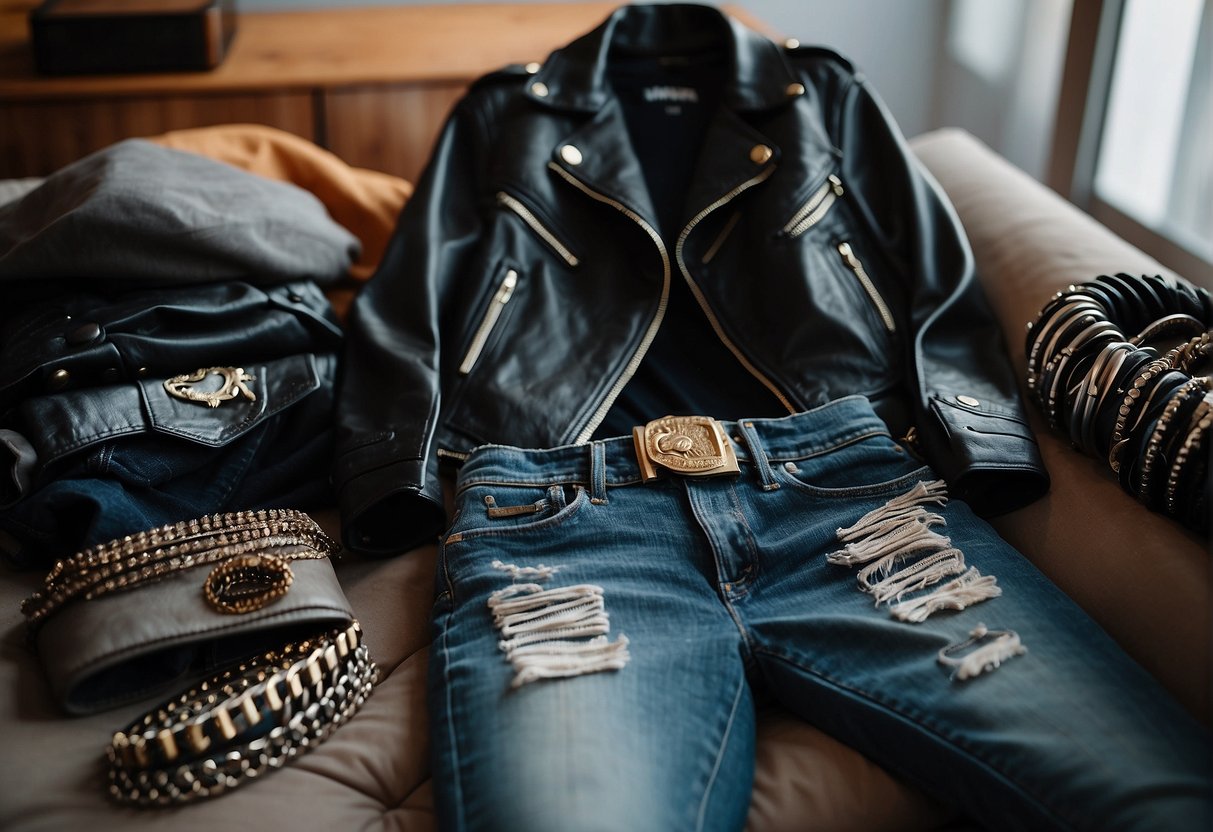 A leather jacket, studded belt, and chunky boots lay on a bed next to a pile of band t-shirts and ripped jeans. A collection of edgy accessories, including spiked bracelets and statement earrings, are scattered across the dresser