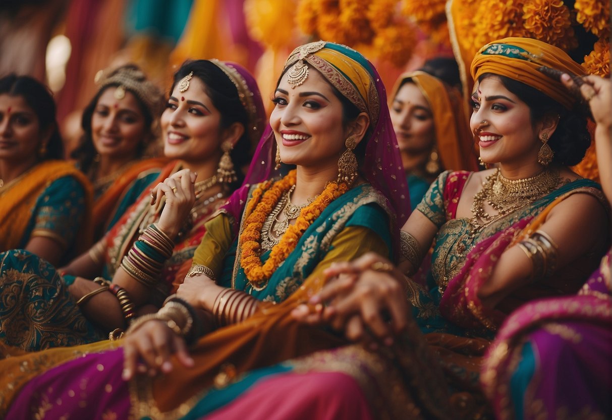 Colorful Leheriya fabrics draped over walls, women dancing with pots on their heads, and intricate henna designs adorning the ground