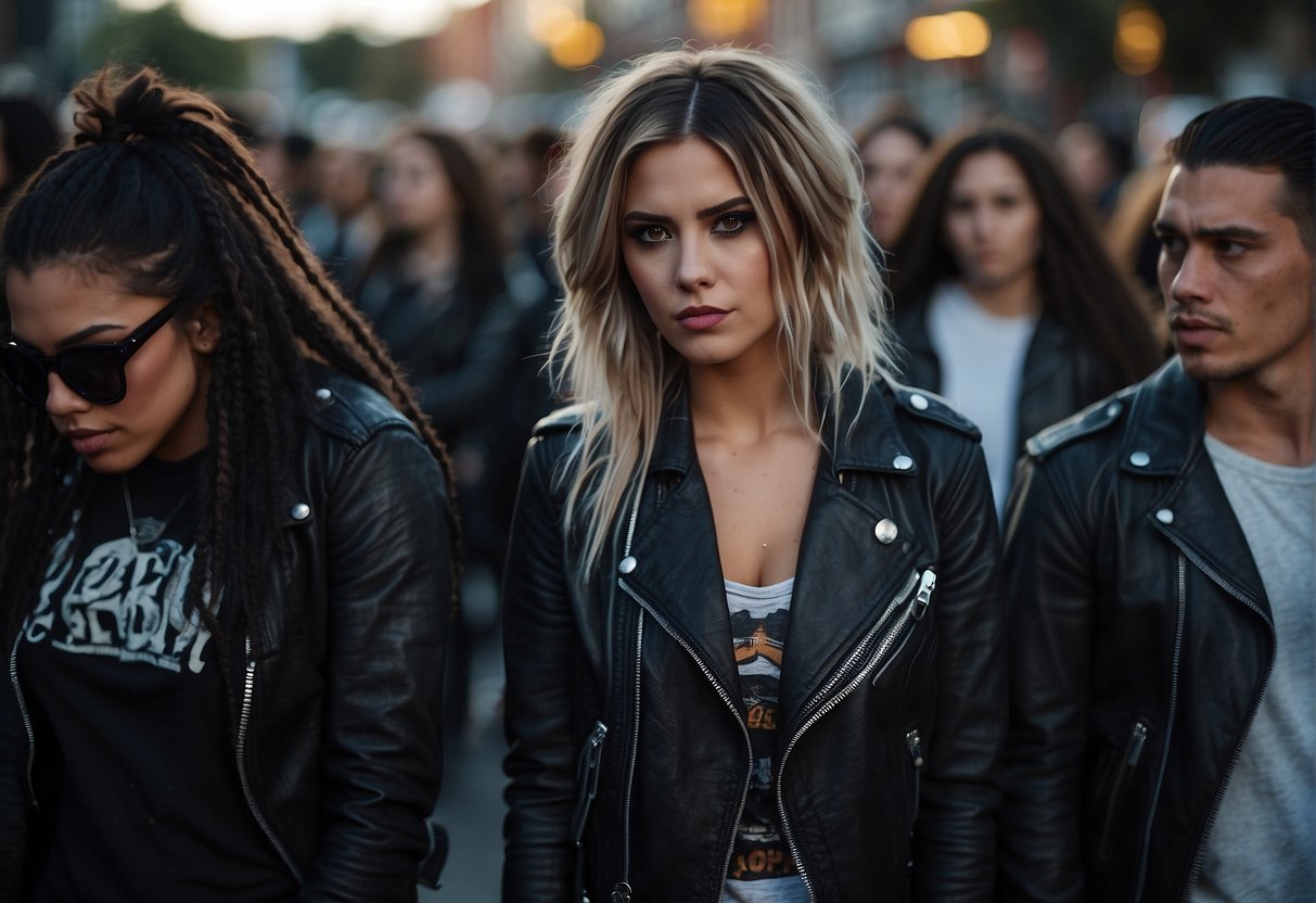 Crowd in dark attire, band tees, and leather jackets. Flashy accessories, ripped jeans, and combat boots. Vibrant hair colors and edgy makeup