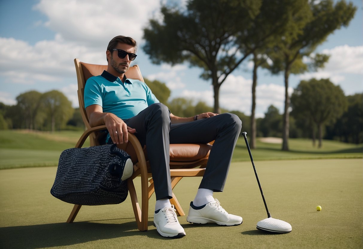 A person lays out stylish golf attire on a comfortable chair