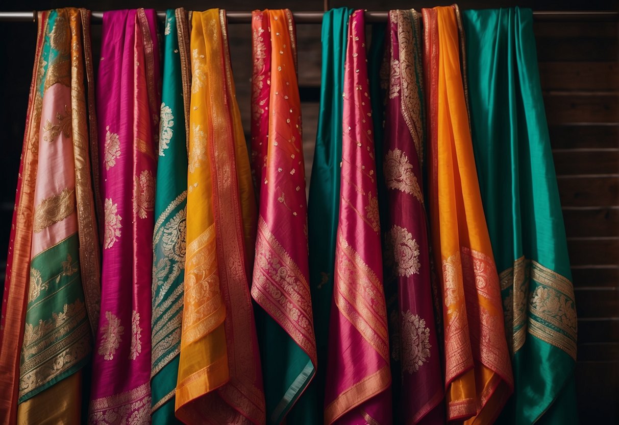A vibrant display of Leheriya sarees adorns the wedding venue, blending traditional patterns with modern colors, symbolizing the rich cultural heritage of Indian weddings