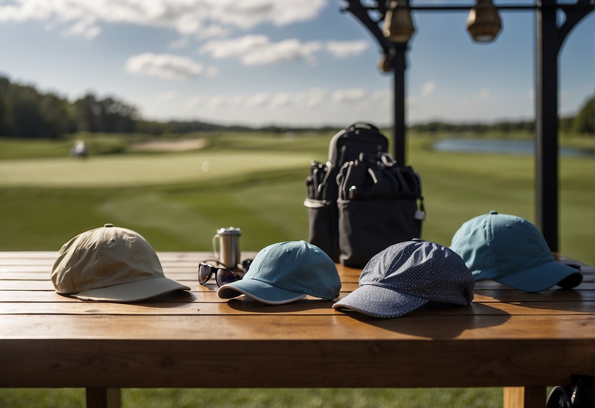 A golfer stands by a table with various accessory choices: sun hat, sunglasses, gloves, and a rain jacket. The weather is sunny with scattered clouds