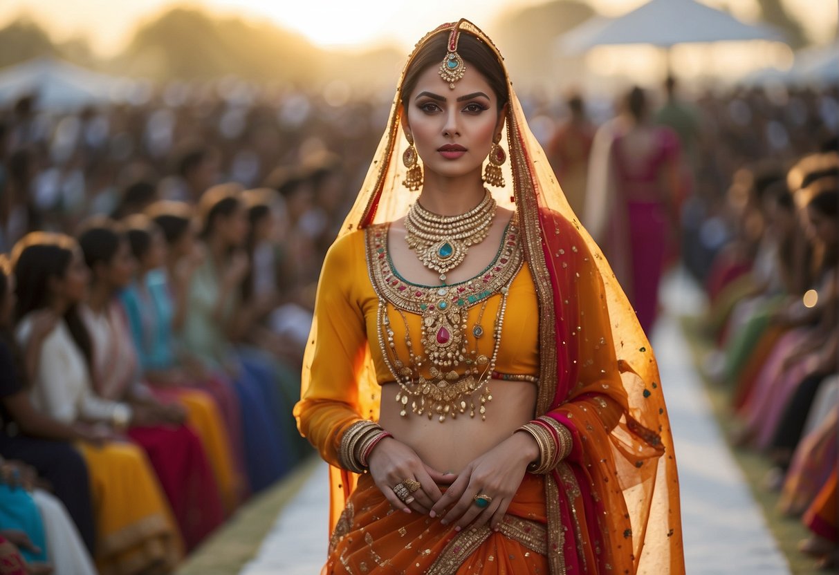 A runway with vibrant leheriya designs, models strutting in colorful attire, and a crowd of fashion enthusiasts admiring the traditional Rajasthani art form