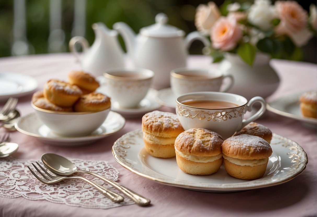 A table set with delicate teacups, saucers, and a tiered tray of pastries. A lace tablecloth and floral centerpiece complete the elegant setting