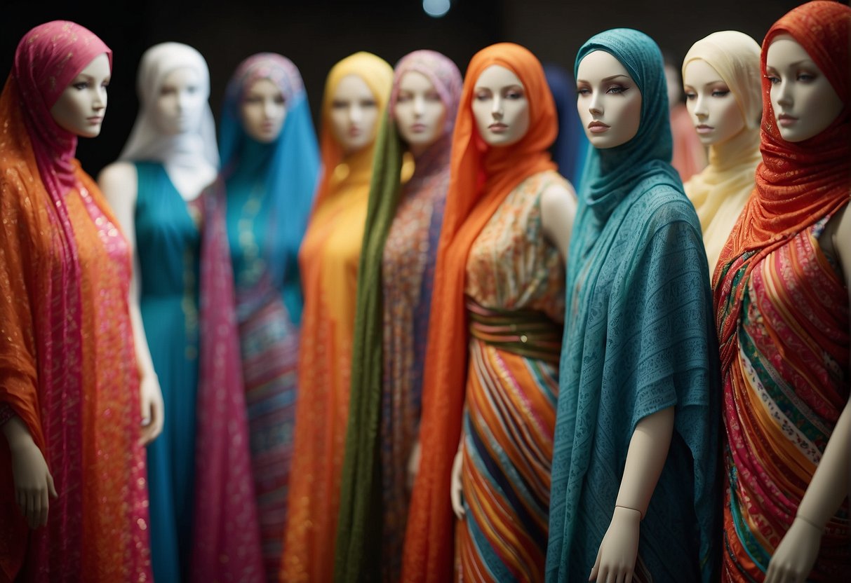 A colorful array of Leheriya fabric draped on mannequins, showcasing the intricate craft at a bustling fashion week event