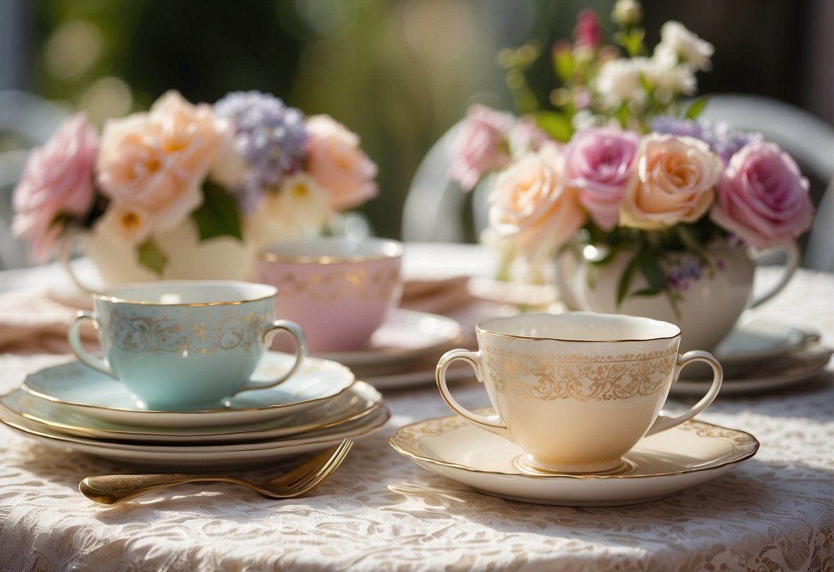 A table set with delicate teacups, saucers, and a lace tablecloth. A vase of fresh flowers and a stack of pastel-colored napkins add a touch of elegance to the scene