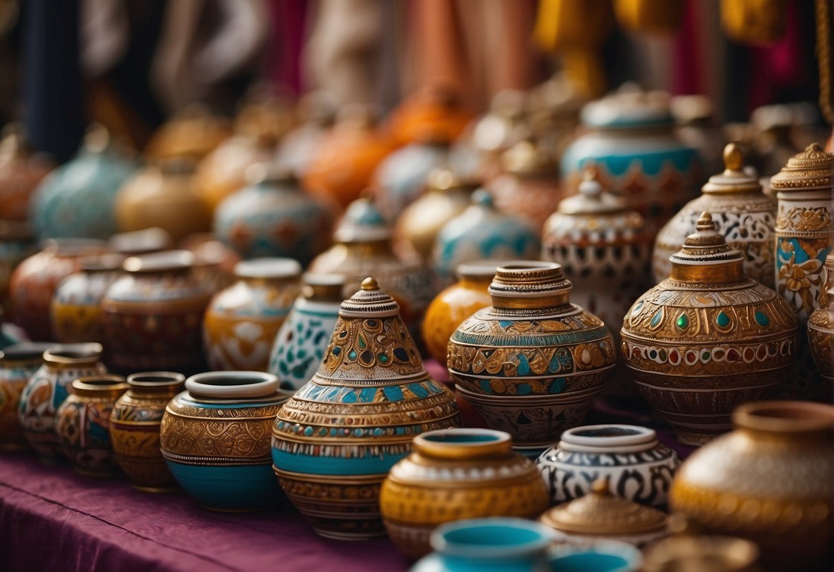 Vibrant textiles, intricate pottery, and ornate jewelry are displayed at a bustling cultural exhibition in Rajasthan. The colorful and detailed crafts reflect the rich artistic heritage of the region