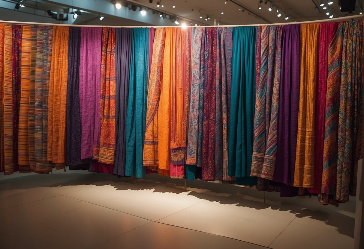 Vibrant leheriya textiles displayed at a grand international cultural exposition, catching the eye of visitors from around the world