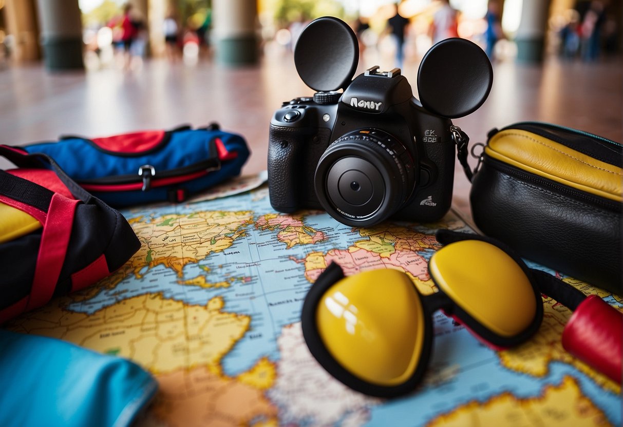 Colorful clothing, Mickey ears, and comfortable shoes scattered around a map of Disney World. A family's excitement evident in their packed bags and camera