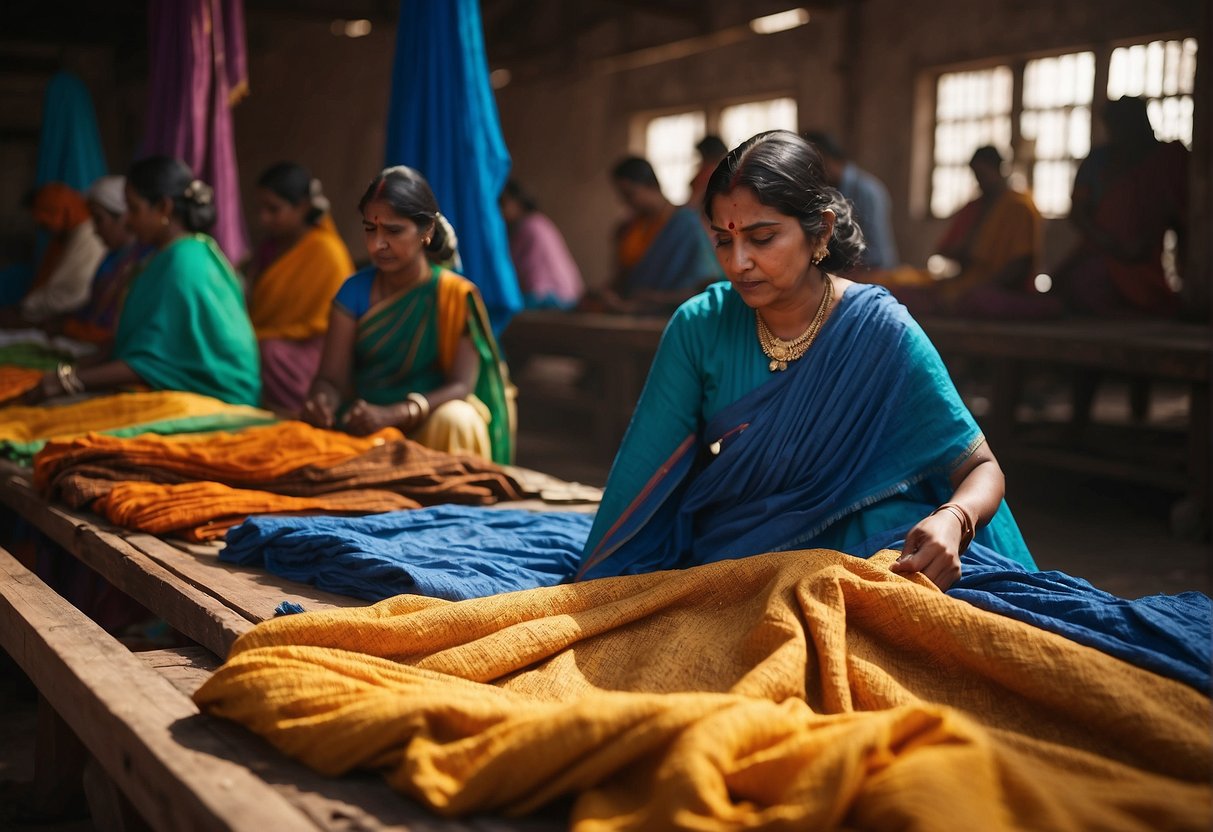 Vibrant dye baths, natural indigo vats, and hand-spun cotton looms create Leheriya sarees in a sunlit workshop