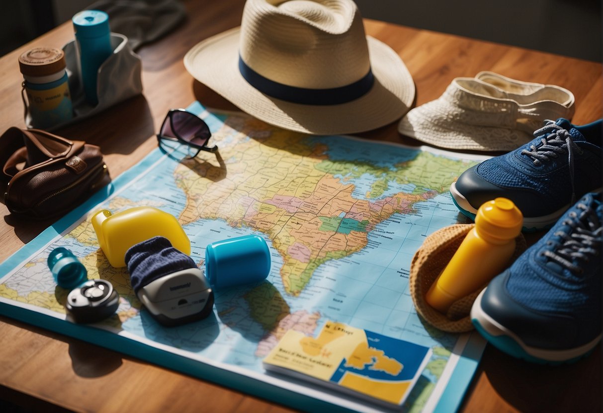 Families packing clothes, hats, and comfortable shoes. A colorful map and guidebook lay open on a table. Sunscreen, sunglasses, and water bottles are ready to go
