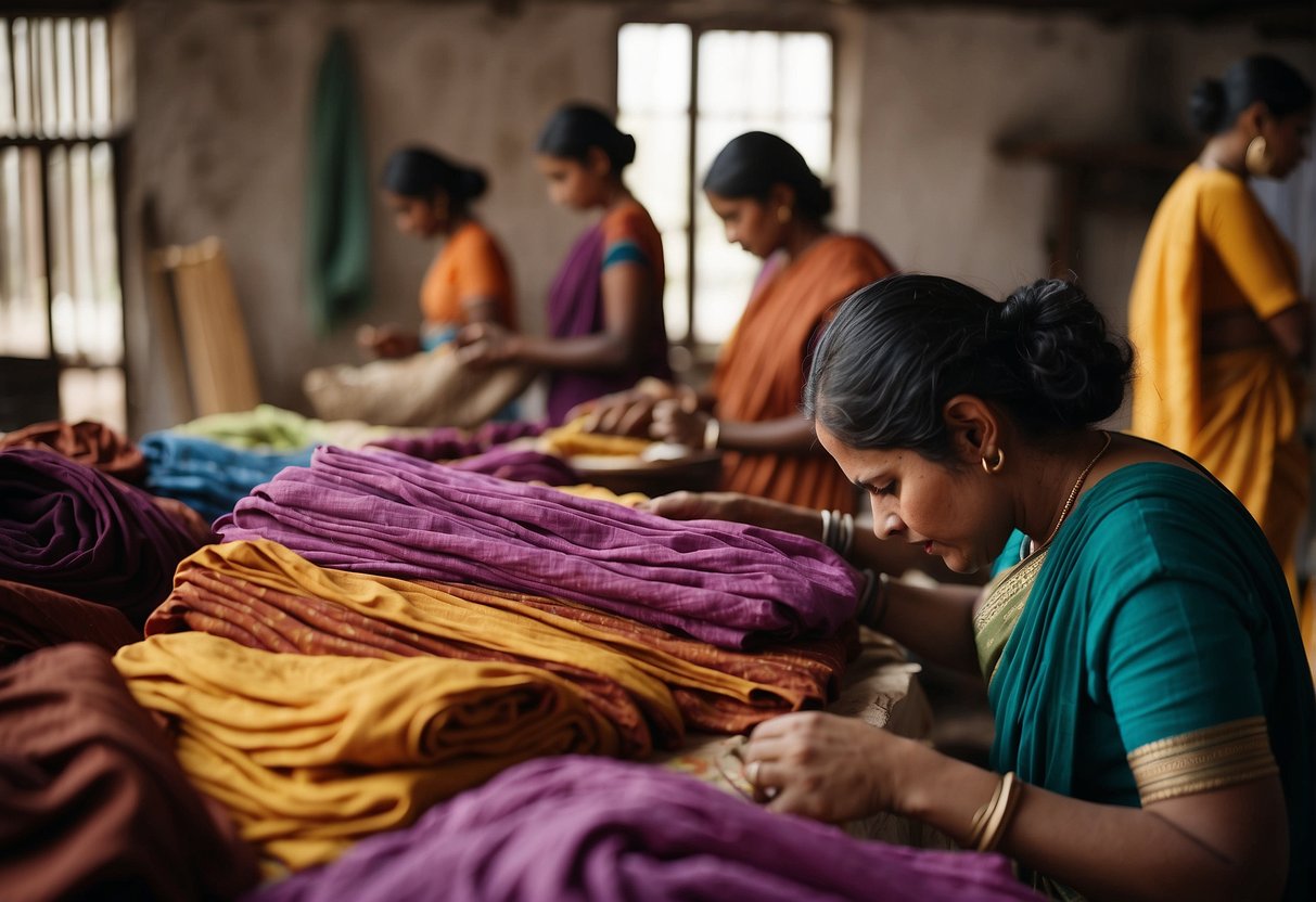 Vibrant natural dyes and traditional tie-dye methods adorn sustainable fabric in a Leheriya saree workshop