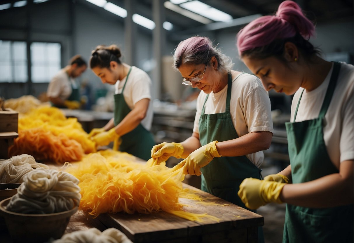 A group of workers dyeing fabric with natural colors in a sustainable workshop, surrounded by eco-friendly equipment and materials