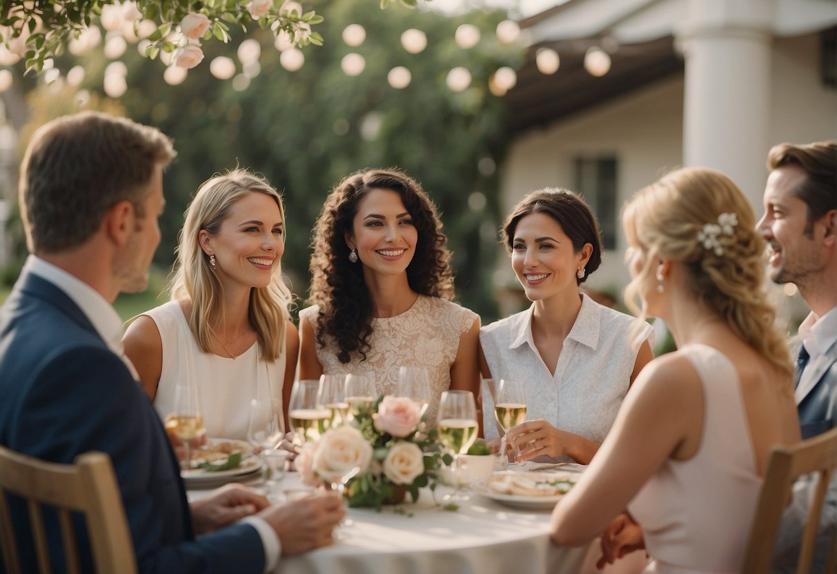Guests gather in a cozy, sunlit garden for a wedding shower. They wear elegant, pastel-colored attire, sipping on champagne and exchanging gifts