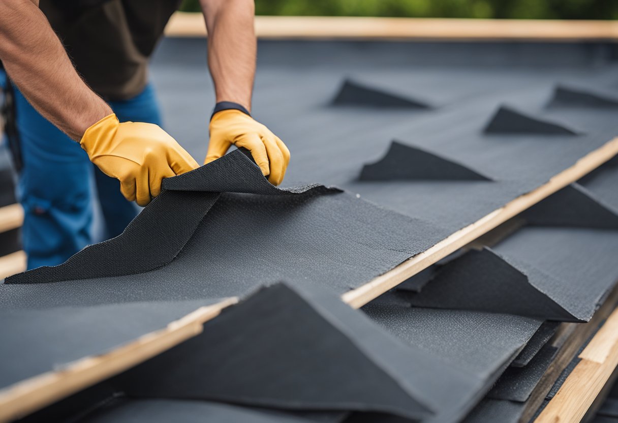 A layer of underlayment is being installed beneath the slate roof tiles. The workers are carefully positioning and securing the material to ensure a proper foundation