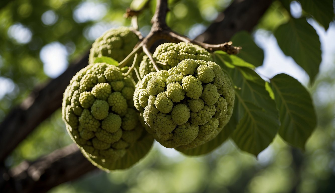 A black walnut tree stands tall, with rough, deeply furrowed bark and large, pinnately compound leaves. Its branches are adorned with clusters of round, green fruit encased in a hard, ridged shell