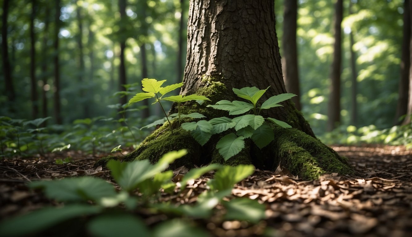 A black walnut tree stands tall in a lush forest, its leaves casting dappled shade on the forest floor. Various wildlife species can be seen thriving in the diverse ecosystem, showcasing the positive environmental impact of conservation efforts