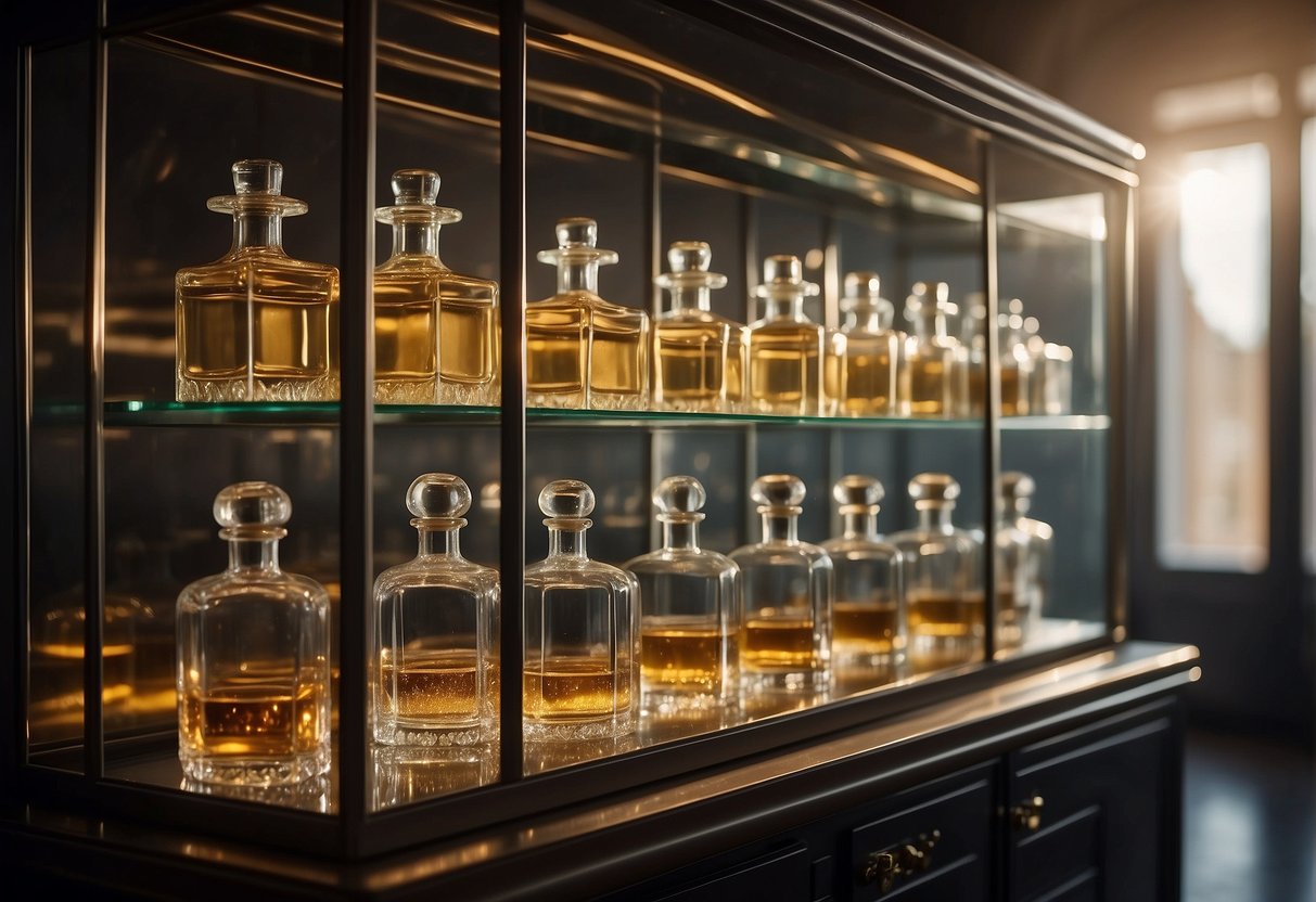 A glass shelf holds various perfume bottles, away from direct sunlight and heat sources. A closed cabinet protects them from air exposure