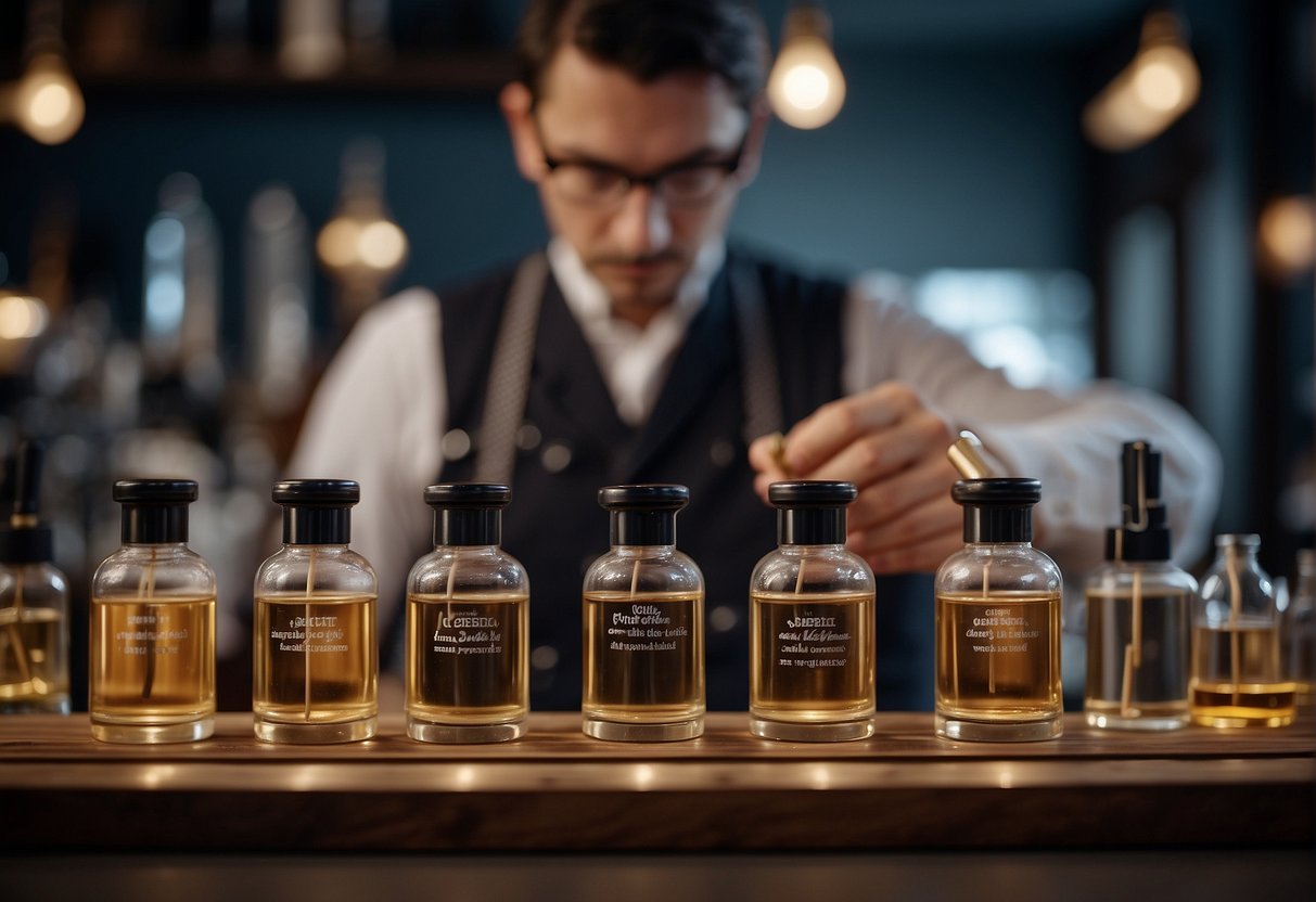 A perfumer carefully blends aromatic oils, using precise measurements and a variety of tools to create unique scents