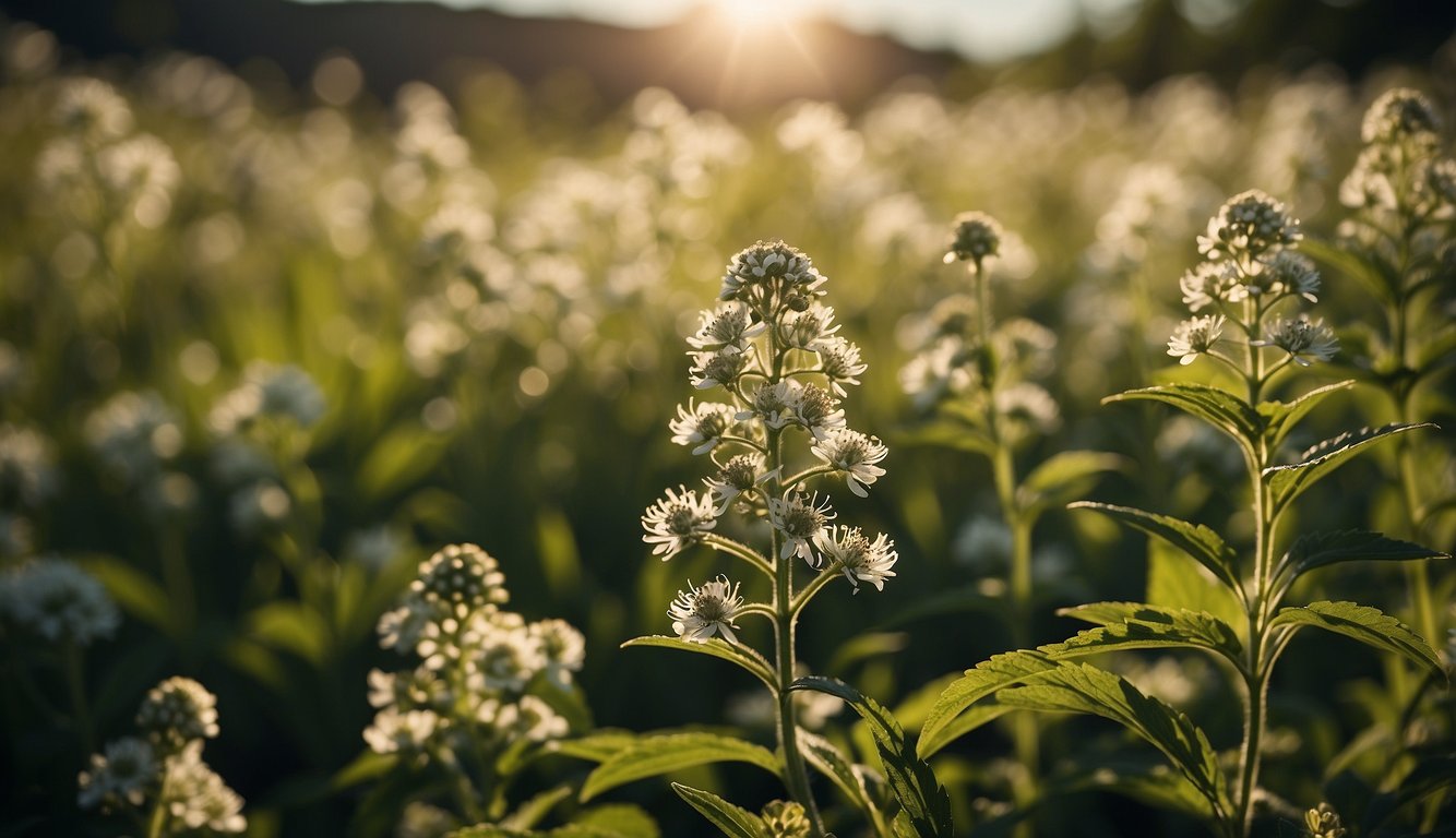 A late boneset plant stands tall in a wild meadow, surrounded by other native flora. The sun casts a warm glow, highlighting the intricate details of the plant's leaves and delicate white flowers