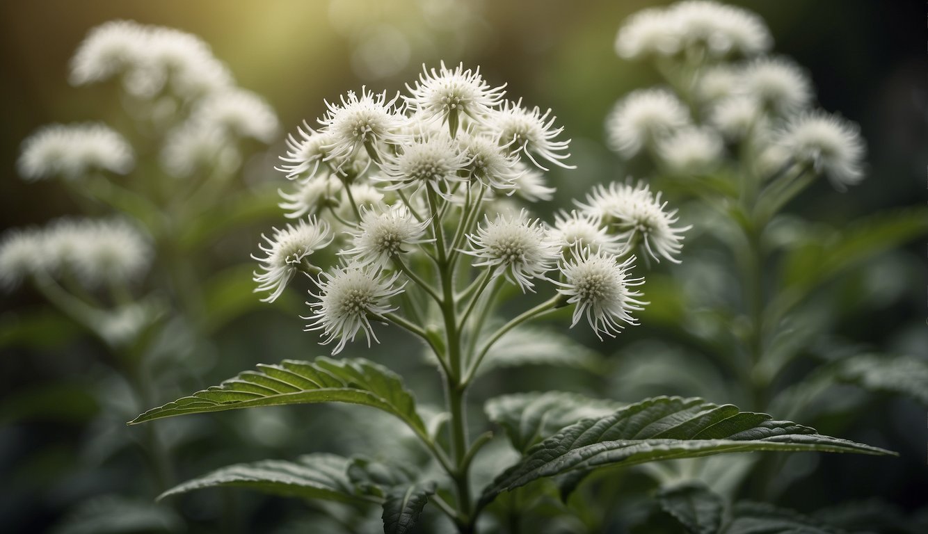 A close-up of late boneset plant with white, fluffy flowers and long, narrow leaves, set against a blurred natural background