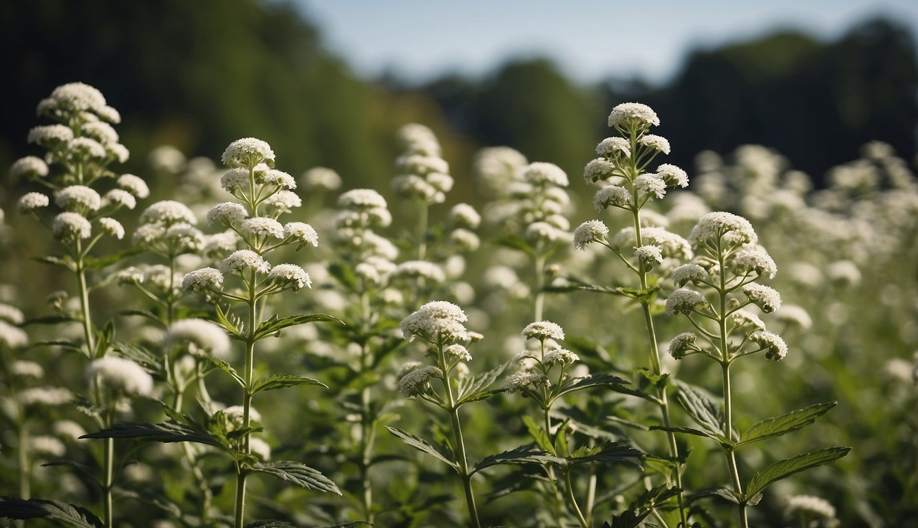 Late boneset plants of various species and varieties stand tall in a meadow, their white clusters of flowers reaching towards the sky
