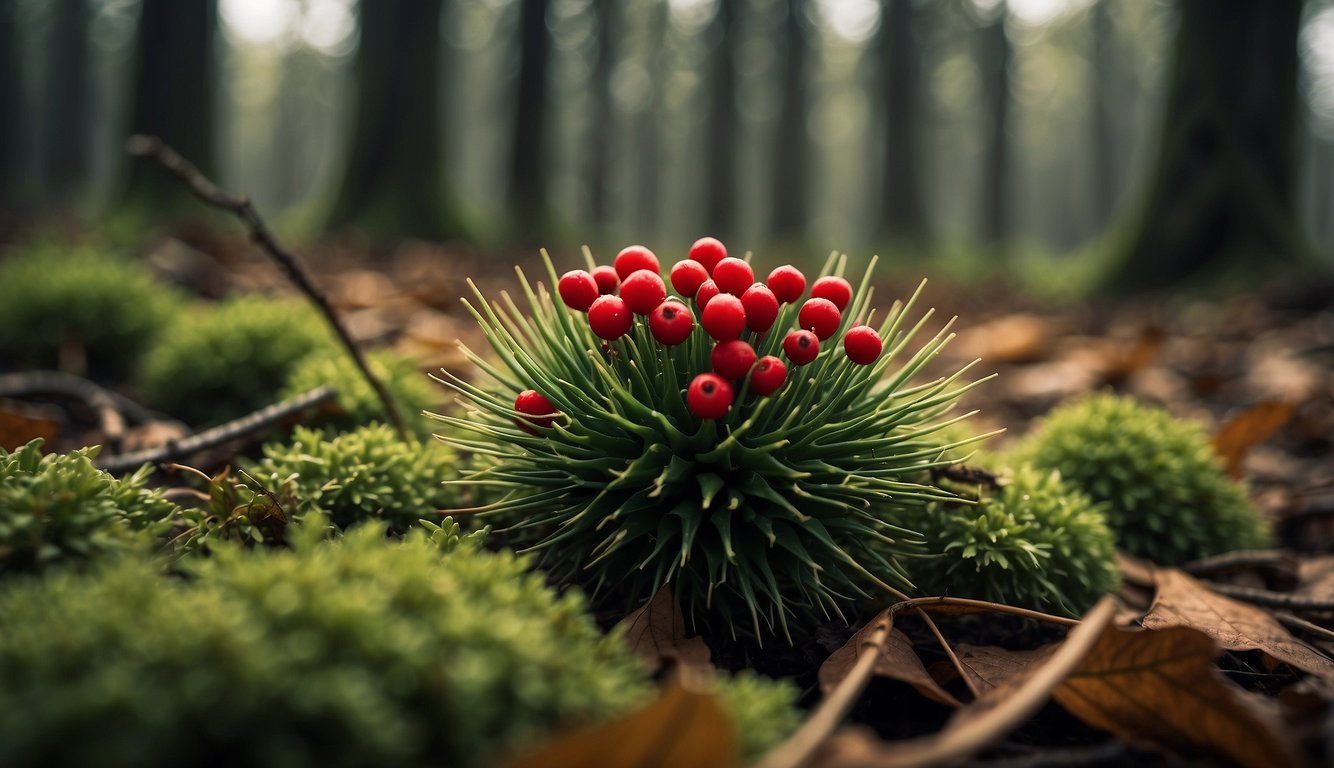 A cluster of green, spiky stems with bright red berries, surrounded by fallen leaves in a forest clearing