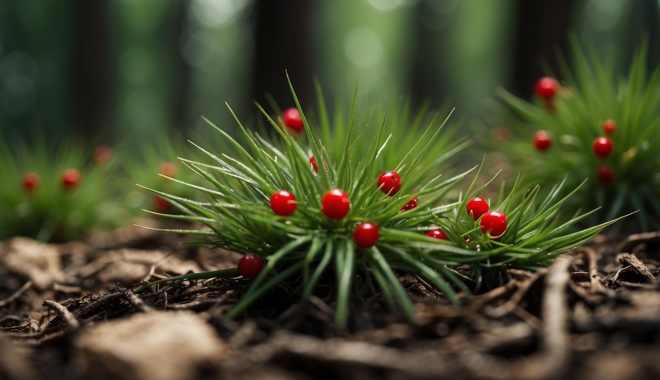 Green, spiky stems emerge from the forest floor. Small red berries cluster at the base of each leaf-like branch