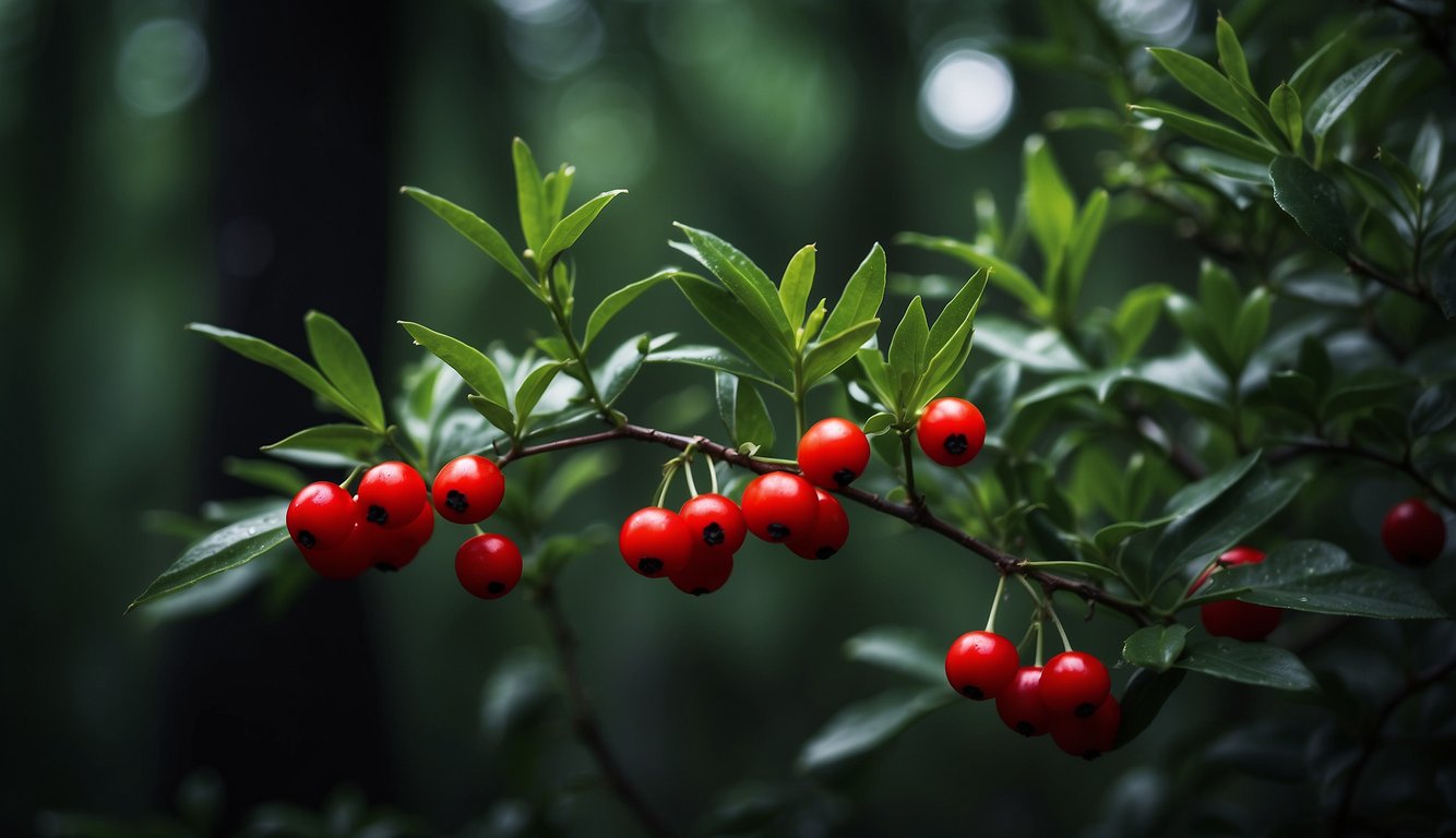 Lush green leaves of butcher's broom intertwine with vibrant red berries against a dark forest floor