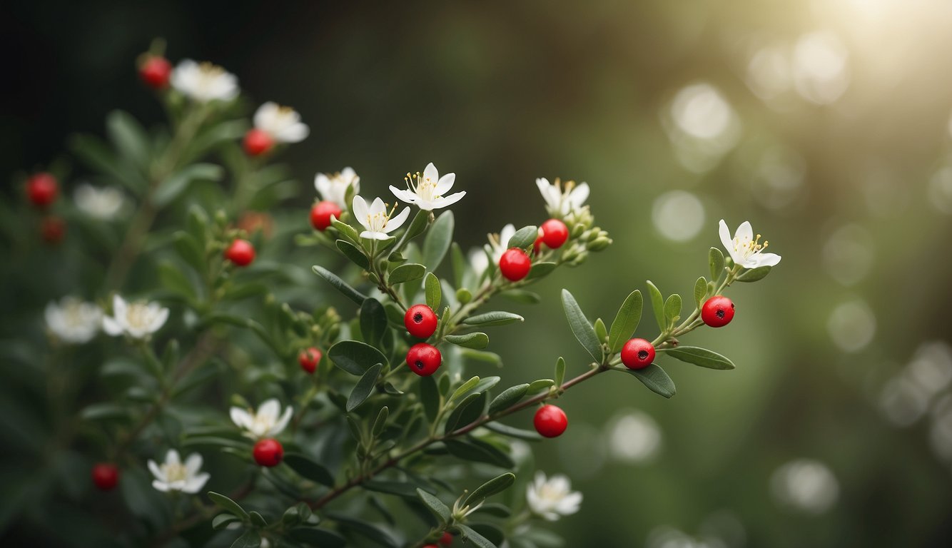 Lush green leaves of butcher's broom sway in the breeze, surrounded by small red berries and delicate white flowers