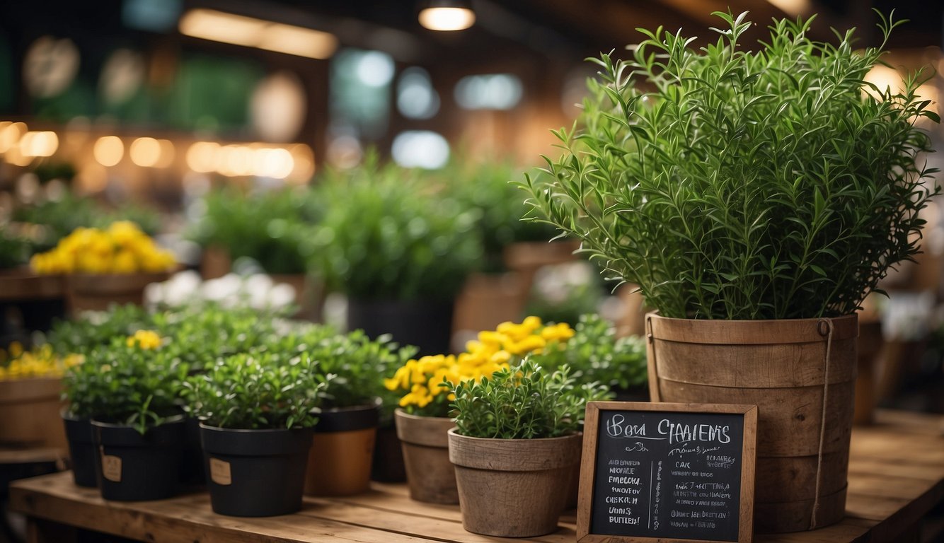A vibrant green butcher's broom plant stands tall in a rustic market display, surrounded by informational signage and product labels