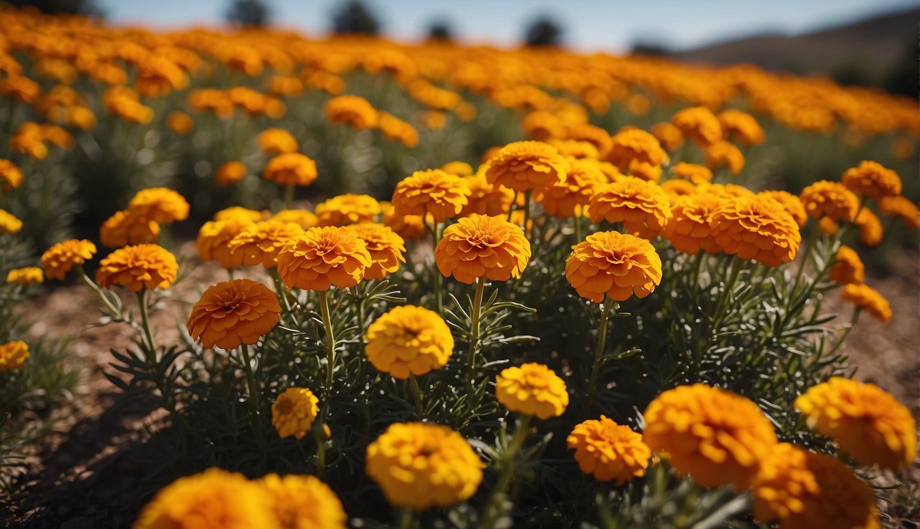 A field of vibrant Spanish marigolds in full bloom. The sun shines down, illuminating the bright orange and yellow petals, creating a stunning display of color