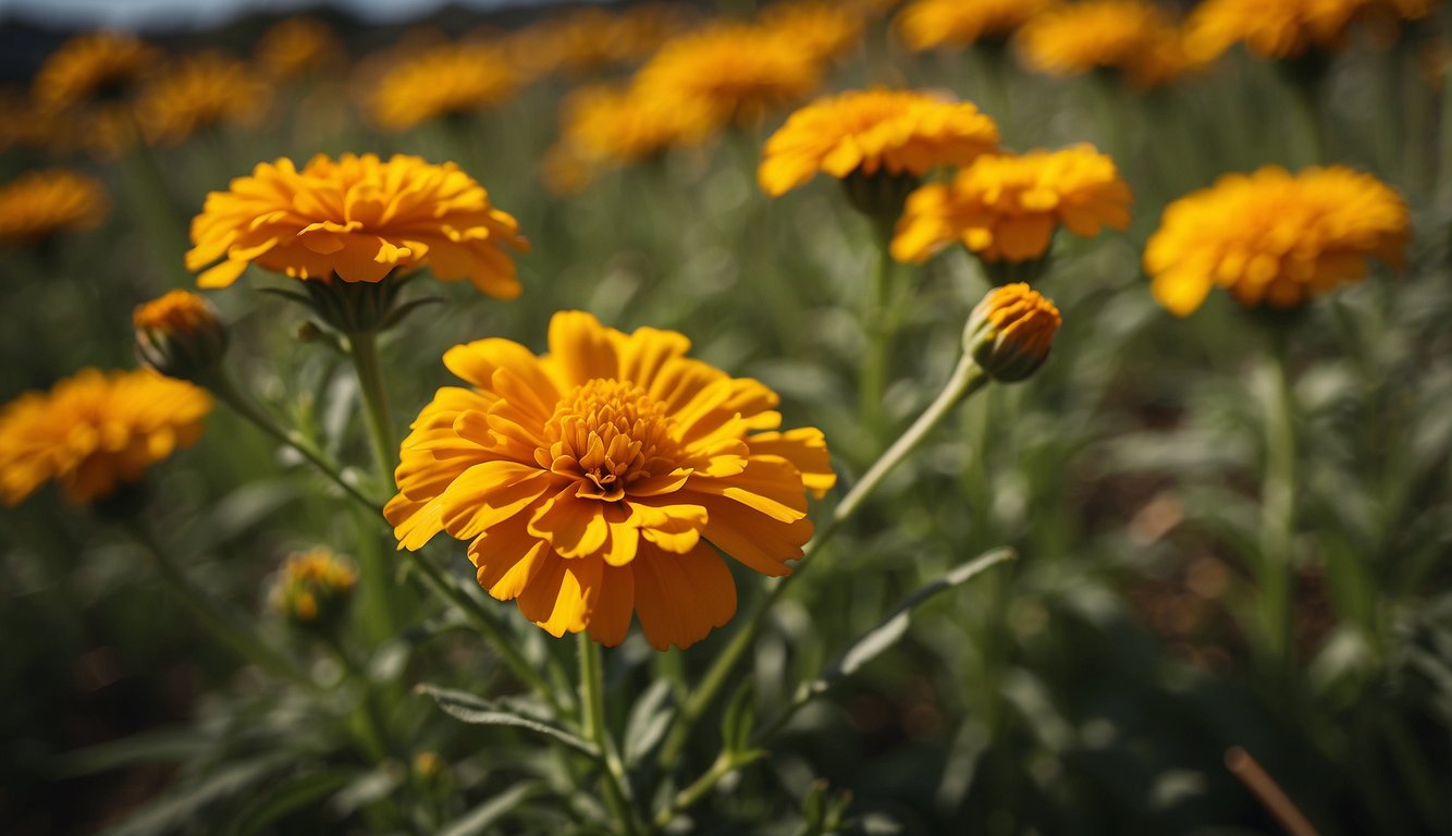 A Spanish marigold stands tall in a field, symbolizing historical significance with its vibrant yellow petals and strong, sturdy stem