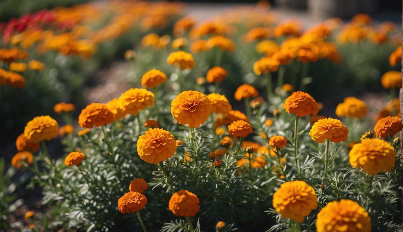 A garden bed filled with vibrant Spanish marigold flowers of different varieties and cultivars, showcasing their colorful petals and distinct foliage