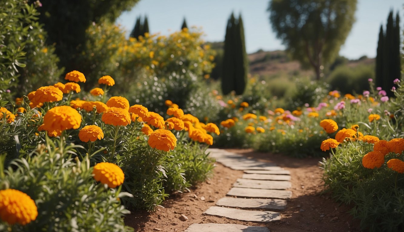 A vibrant garden with Spanish marigolds bordering a winding path through a lush landscape