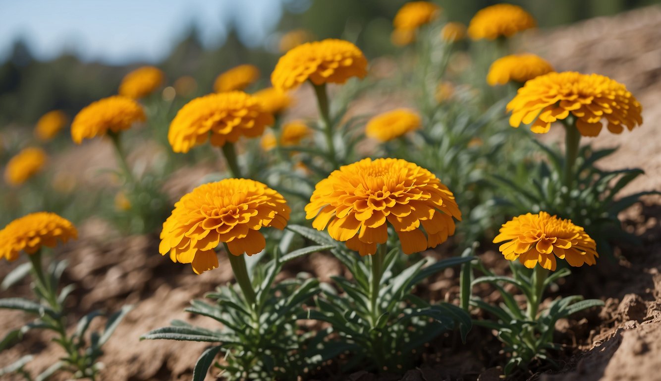 Healthy Spanish marigold plants surrounded by organic pest control measures and disease prevention methods