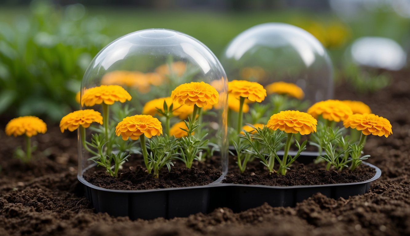 Spanish marigold cuttings placed in a moist soil mixture, covered with a plastic dome, and kept in a warm, bright location for propagation