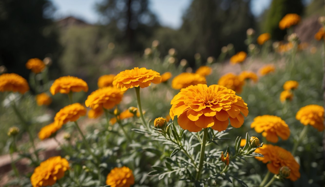 Spanish marigold blooms in a vibrant garden, attracting pollinators. Its aromatic leaves repel pests, benefiting nearby plants