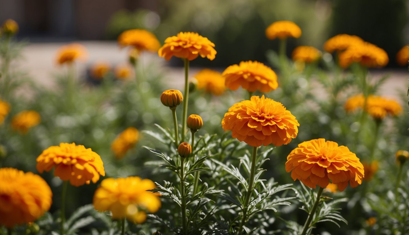 A vibrant Spanish marigold stands tall, surrounded by curious onlookers. The bright orange petals and green leaves pop against the backdrop of a sunny garden