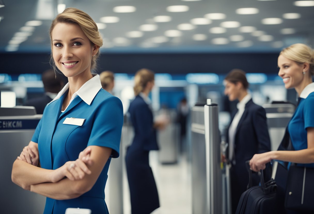 Flight attendants swiftly pass through TSA checkpoints, organizing carry-on items and presenting identification with ease