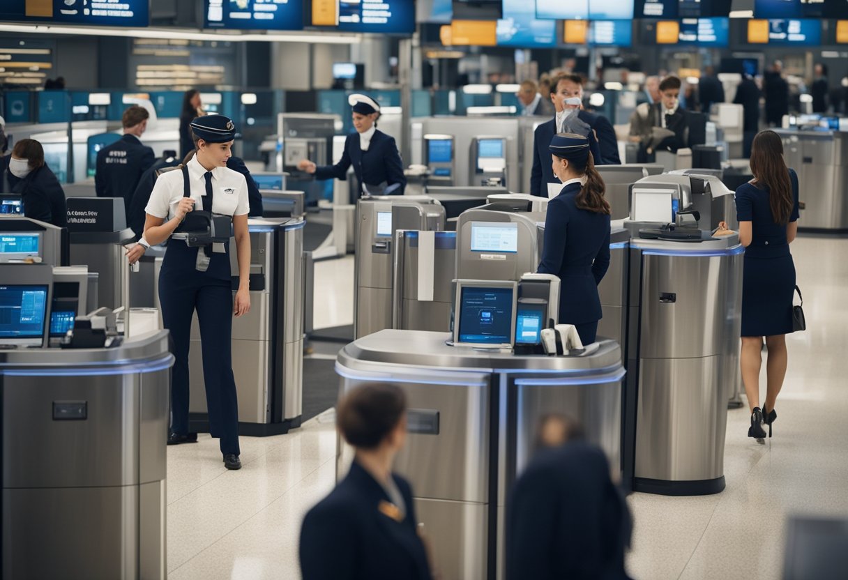Flight attendants efficiently navigate TSA checkpoints, organizing carry-on items, removing liquids, and passing through security scanners with ease