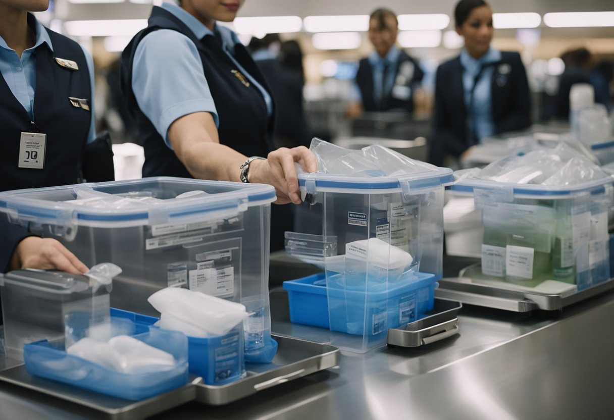 Flight attendants organize liquids in clear bags, remove laptops, and place belongings in bins with ease at TSA checkpoints