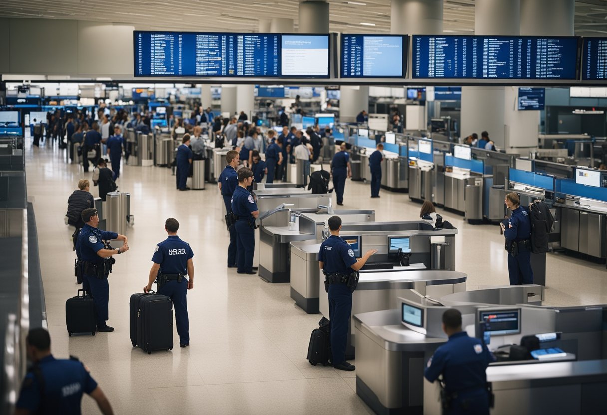 TSA officers inspect luggage, scan passengers, and enforce security measures at the airport checkpoint