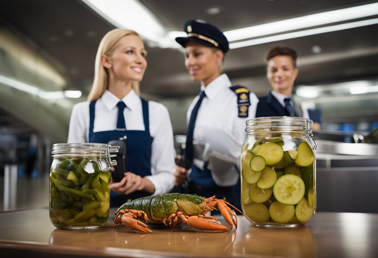 Flight attendants share bizarre TSA encounters: a security officer inspecting a jar of pickles, a passenger trying to bring a live lobster on board, and a traveler carrying a taxidermy alligator