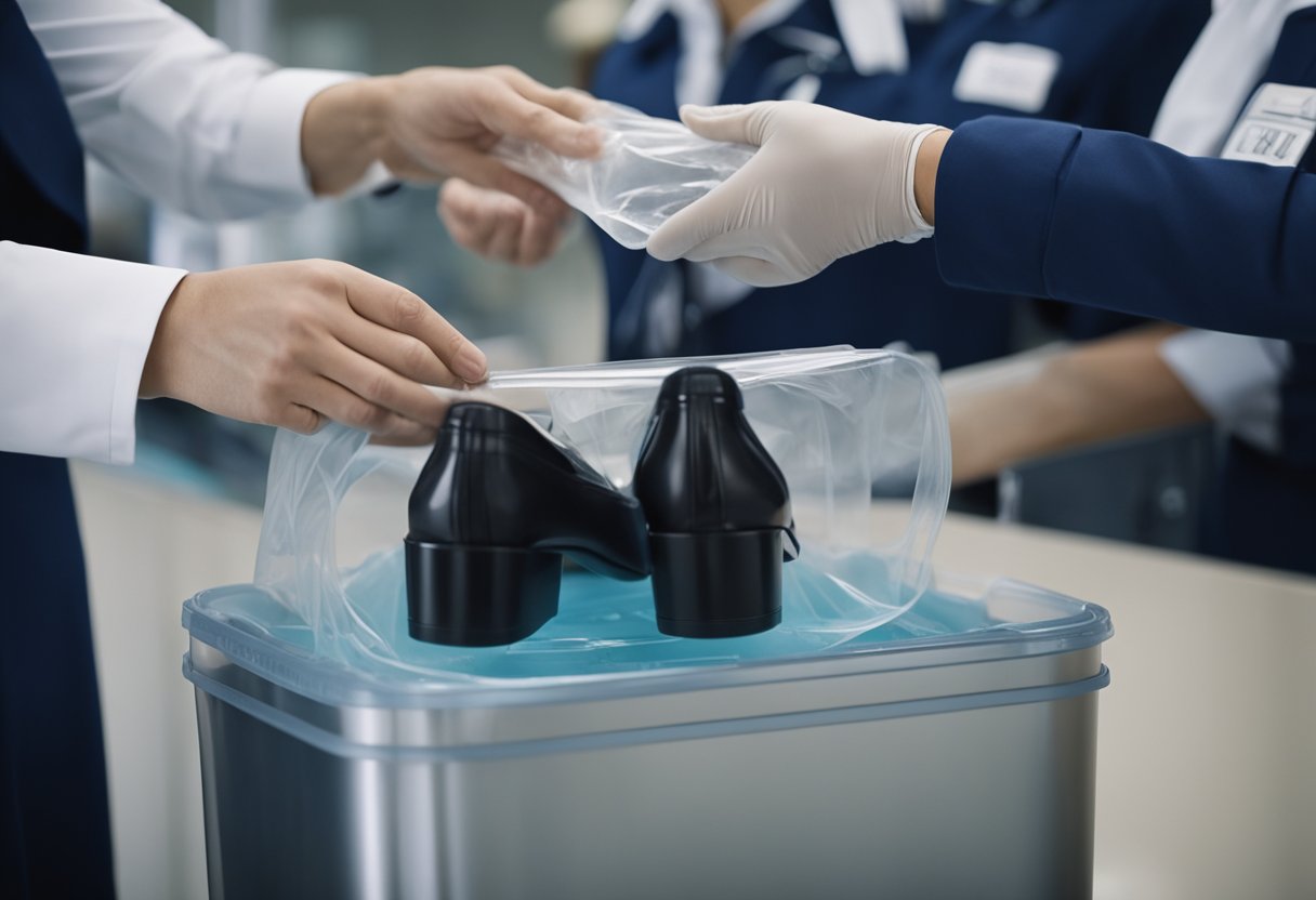 A flight attendant calmly places liquids in a clear plastic bag, removes shoes, and places them in a bin for X-ray screening at the TSA checkpoint