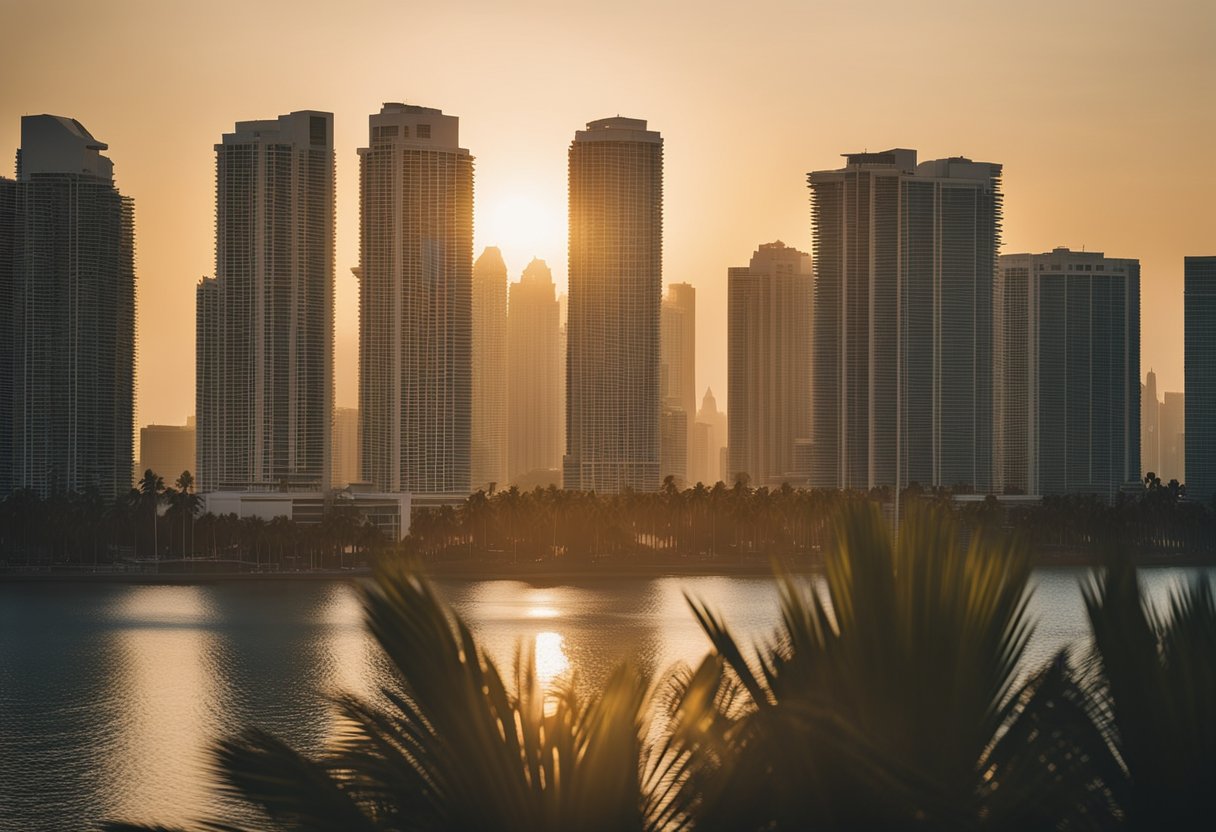 The air in Miami is hazy with a warm, tropical breeze. Palm trees sway as the sun casts a golden glow over the city skyline